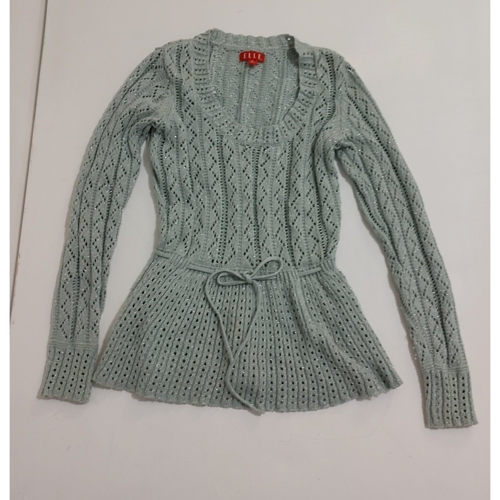 Elle Womens Mint Green Silver Metallic Crochet Knit Tie Waist Sweater XS